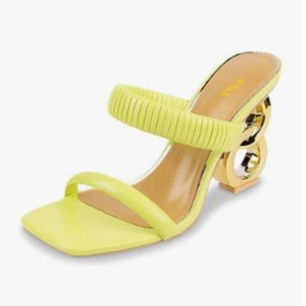 FSJ Yellow Square Open Toe Two Strap Sandal Chain Detail High Heel Slip On Mules